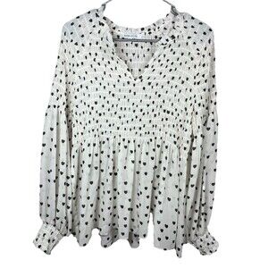 Rose & Olive Top Women’s Black Heart Print Sheer Pintuck Blouse Casual Ladies L